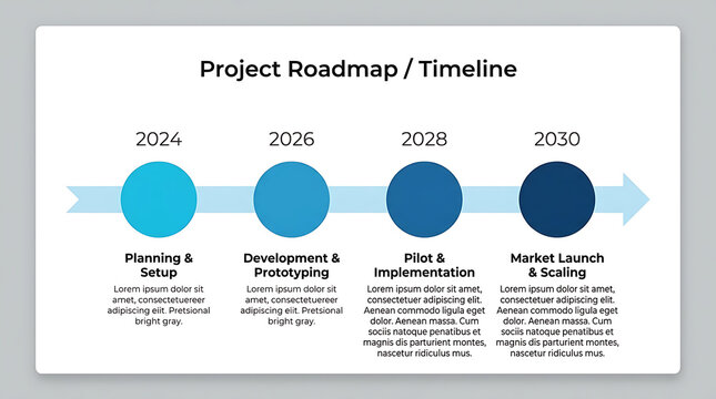Project Roadmap Timeline with 4 steps, business strategy infographic for corporate planning, blue process flow chart from 2024 to 2030