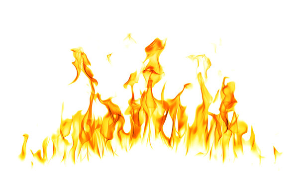 Realistic orange and yellow flames burning on a white background, creating a bright fire effect for energy, heat, danger, power, combustion, dramatic design, special effects, overlays, and design use.
