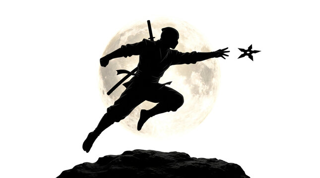 Ninja silhouette jumping with shuriken, Japanese shinobi warrior against full moon, martial arts assassin action scene