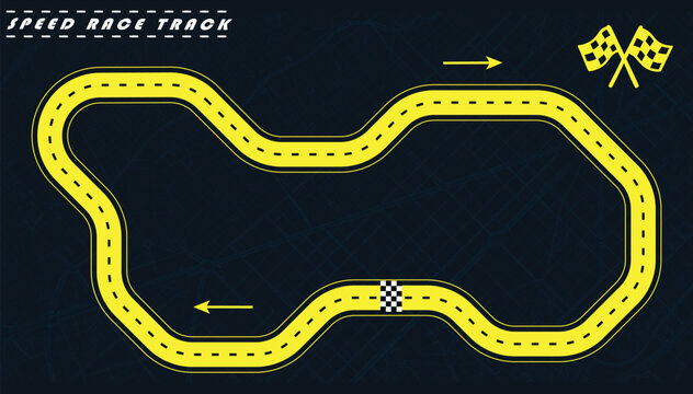 Road track or Race track in yellow color isolated on dark background with a street map.