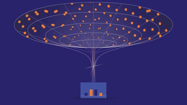 Digital funnel animation showing data points gathering into a business chart as part of an abstract motion graphic video clip