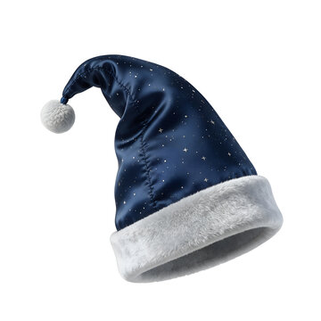 Navy blue Santa hat with white fur trim and pom-pom featuring star pattern, Christmas holiday decoration and festive seasonal design projects.