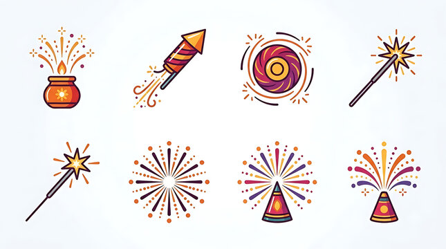 Diwali fireworks icon set, 8 festive firecracker illustrations. Indian holiday celebration elements, colorful pyrotechnic symbols.