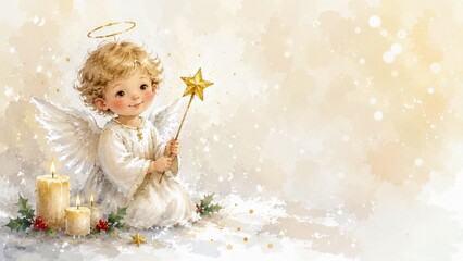 Naklejka premium Watercolor christmas angel with star wand and candles, cute cherub illustration in winter setting. holiday greeting card design, festive decor, new year spirit, winter magic art COPY SPACE