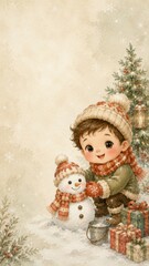 Fototapeta premium Watercolor christmas scene with child, snowman, gift boxes, and tree. holiday celebration, cute winter illustration with festive decor, joyful seasonal art, new year greeting card design. COPY SPACE