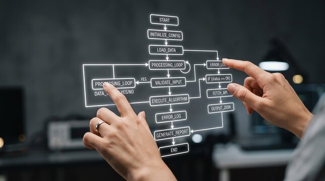 Close-up of human hands interacting with a holographic flowchart, visualizing complex data processing and algorithm development in a futuristic computing environment