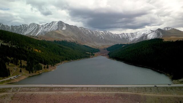 Aerial drone flying over a Clinton Gulch Dam Reservoir in Colorado