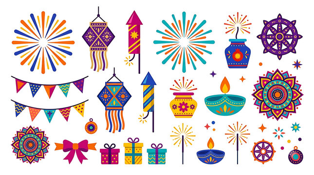 Diwali festival flat icons set, colorful Indian celebration elements with fireworks and oil lamps, traditional Hindu holiday graphics