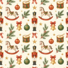 Fototapeta premium Watercolor christmas seamless pattern with nutcracker, rocking horse, drum, festive ornaments, holly. holiday decoration, winter textile, gift wrap design, seasonal cheer.