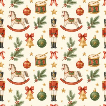 Watercolor christmas seamless pattern with nutcracker, rocking horse, drum, festive ornaments, holly. holiday decoration, winter textile, gift wrap design, seasonal cheer.