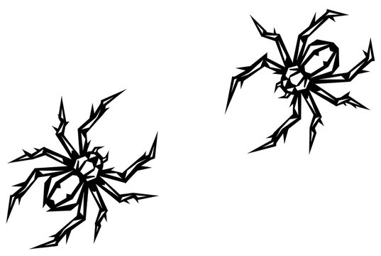 Duas aranhas pretas estilizadas com design geom&eacute;trico e tra&ccedil;os angulares, isoladas em fundo branco, ideais para decora&ccedil;&otilde;es de Halloween, &iacute;cones de web ou elementos de design gr&aacute;fico minimalista.