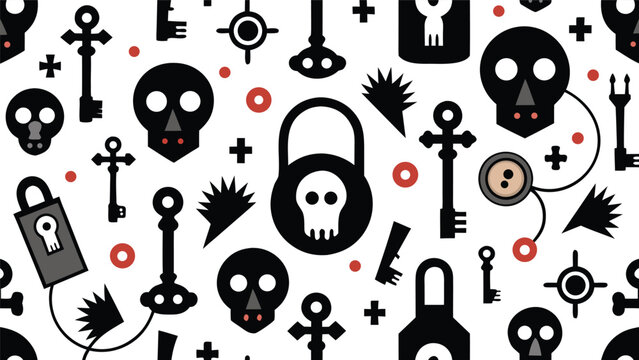 Seamless pattern skull lock key graphic horror vector asset with spooky asset halloween design secret element mystery icon dark illustration bone symbol seamless halloween illustration