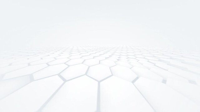 Abstract white hexagonal grid pattern moving across a wide landscape in a seamless looping motion with hexagonal geometric surface