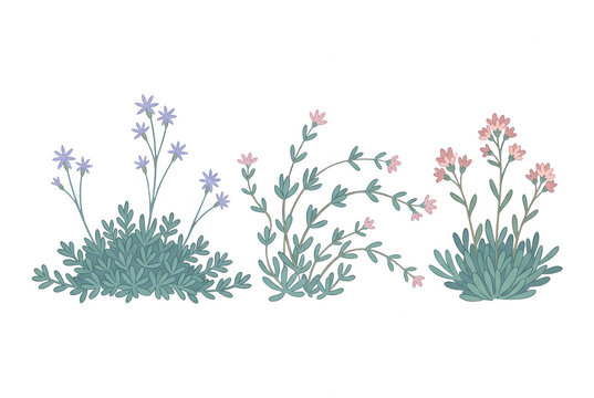 Conjunto de ilustra&ccedil;&otilde;es bot&acirc;nicas desenhadas &agrave; m&atilde;o com tr&ecirc;s tipos de plantas silvestres e flores delicadas em tons past&eacute;is de azul e rosa sobre um fundo branco limpo, estilo art&iacute;stico minimalista.