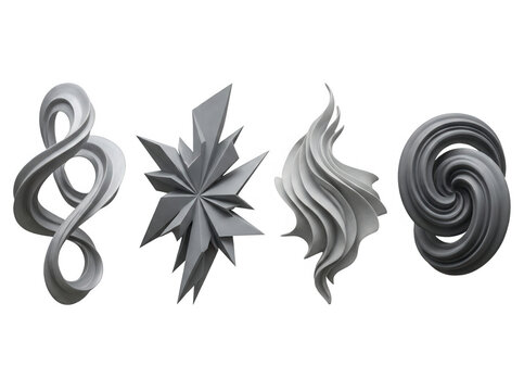 Conjunto de quatro formas abstratas 3D em tons de cinza, apresentando designs geom&eacute;tricos, org&acirc;nicos e fluidos com texturas suaves, isoladas sobre um fundo branco puro para projetos de design gr&aacute;fico.