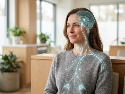 Woman with brain and glands digital anatomy overlay