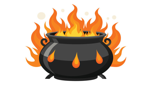 Black cast iron witch cauldron surrounded by bright blazing orange fire flames with cauldron halloween illustration mystical isolated background commercial download