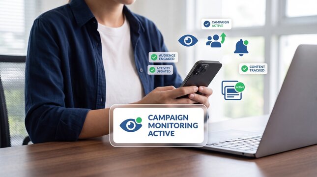 Person using smartphone and laptop with digital marketing campaign monitoring interface