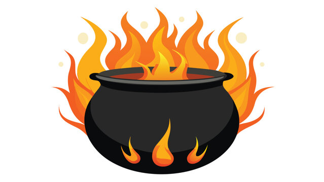 Black iron witch pot engulfed in intense orange fire flames and glowing embers with cauldron halloween illustration mystical isolated background commercial download