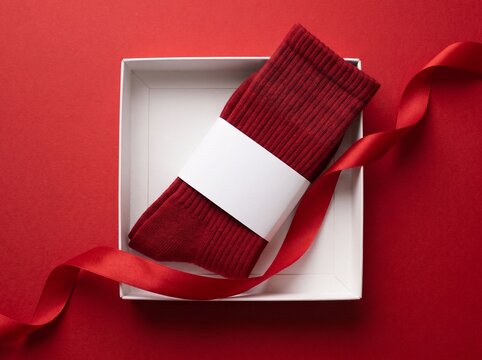 Pair of Red Ribbed Socks in White Gift Box with Ribbon on Red Background
