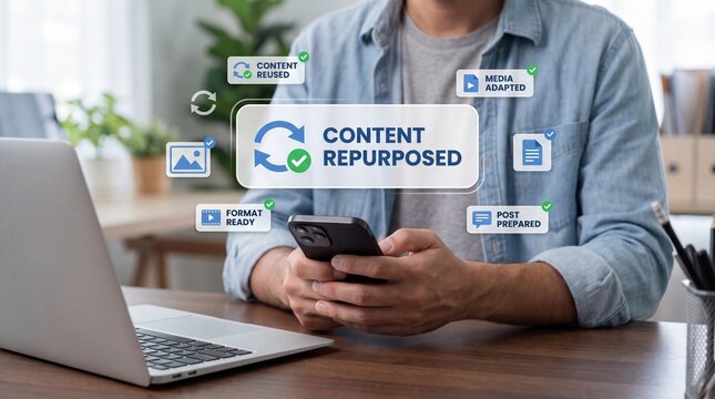 Person holding smartphone with digital content repurposing icons floating above laptop