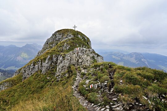 Zindlenspitz summit with cross, Innerthal, Canton of Schwyz, Switzerland