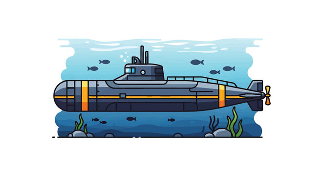Dark submarine cruising underwater with marine life and blue sea currents