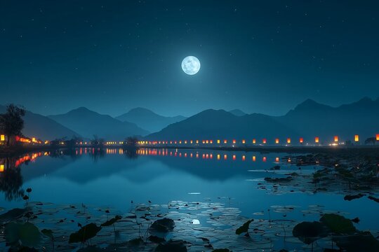Full moon over a calm mountain lake with illuminated shoreline reflections