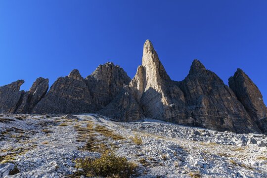 The peaks of the Three Peaks in the evening light, view from the south side, Dolomites, South Tyrol, Italy
