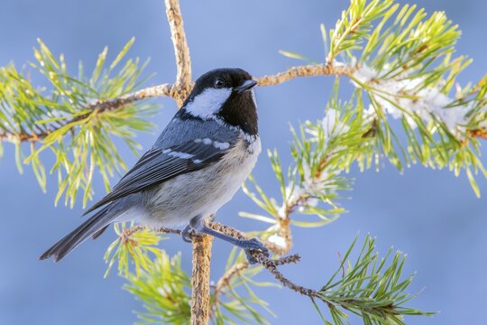 Coal tit (Parus ater), sitting on a branch, Terfens, Tyrol, Austria