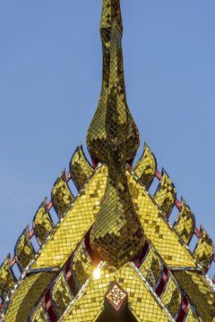 Chofas (distinctive features of Thai temple architecture), pointed roof ornaments, ubosot (ordination hall), Wat Pho, Bangkok, Thailand