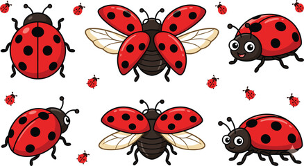 Fototapeta premium Cute cartoon ladybug vector set featuring adorable red beetles with spots flying crawling and smiling for children education and spring decor