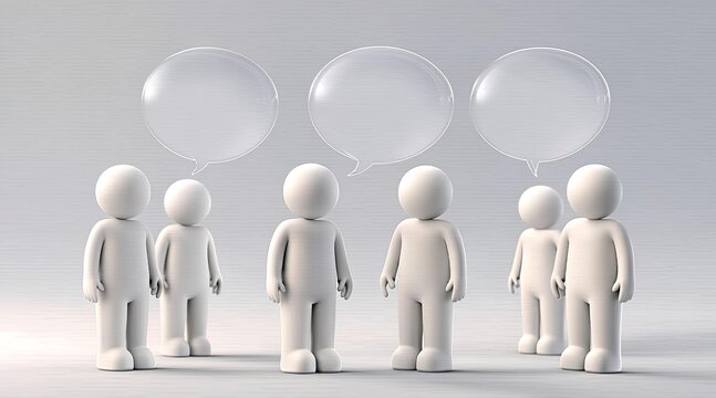Group of abstract figures with speech bubbles, illustrating communication and ideas