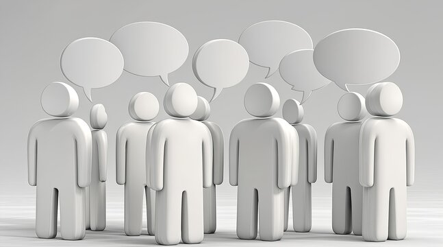 Group of 3D figures with speech bubbles representing communication and social networking