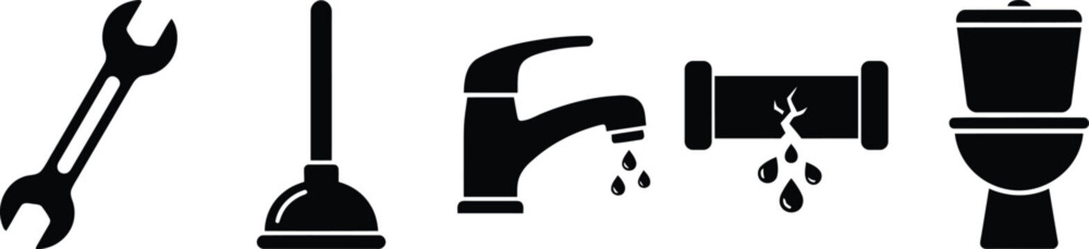 Plumbing service and repair tools icon set featuring wrench plunger leaking faucet broken pipe and toilet plumbing icons maintenance bathroom