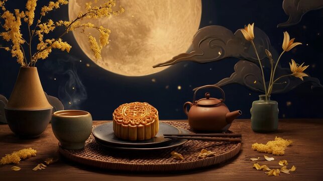 Moonlit Mid-Autumn Festival still life with mooncake, tea set, golden flowers and full moon