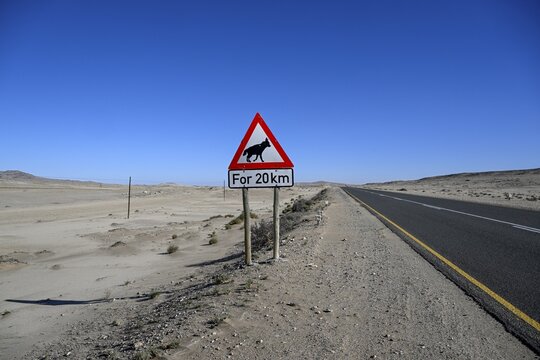 Sign warning of brown hyenas or beach wolves (Parahyaena brunnea), near L&uuml;deritz, Karas Region, Namibia