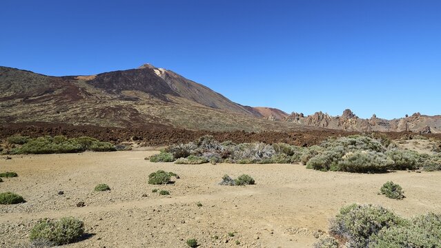 Desert landscape against a rocky mountain range under a cloudless blue sky, Teide, Parque Nacional del Teide, Teide National Park, volcano, volcanism, UNESCO World Heritage Site, Tenerife, Canary Islands, Spain