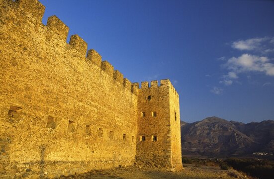 Scan, side view, fortification wall, embrasures, battlements, tower, mountains, blue sky, single white clouds, Frangokastello, Venetian fortress, fortress castle, Sfakia, West Crete, south coast, island of Crete, Greece