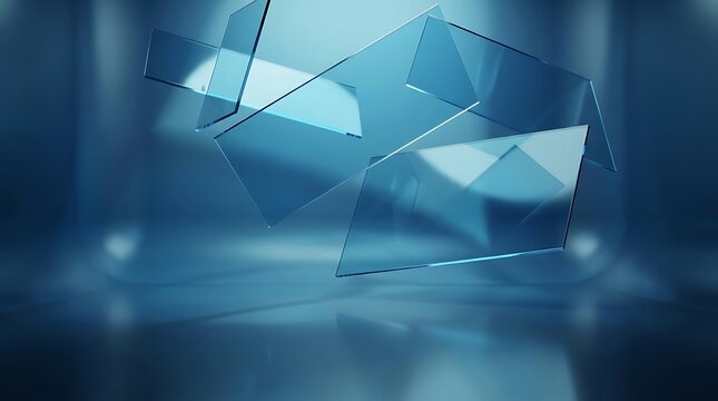 Abstract composition of floating transparent glass rectangles in blue light