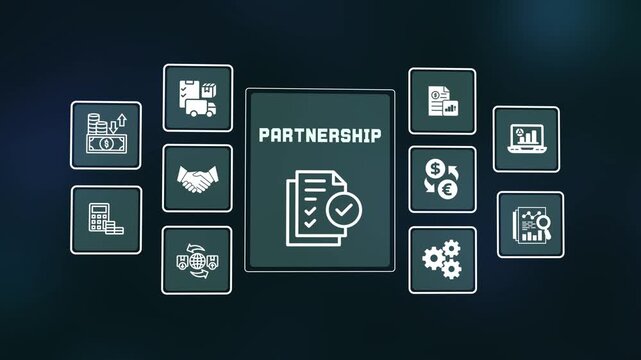 Partnership concept digital interface depicting icons for corporate handshake business alliance collaboration agreement and teamwork