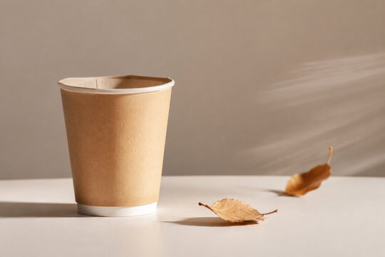 Disposable paper cup with deformed rim and dried autumn leaves in soft breeze, bright studio