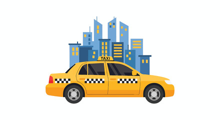 Fototapeta premium Yellow taxi cab driving in front of a modern city skyline silhouette