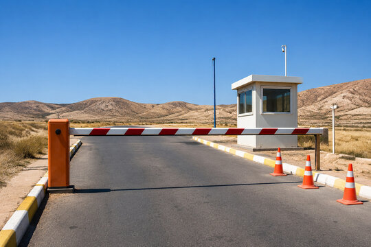 Empty road checkpoint with lowered red and white barrier arm, guard booth and cones, security and traffic control concept