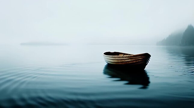 A lone wooden rowboat rests peacefully on a misty lake reflecting the tranquil atmosphere of a serene and isolated wilderness landscape