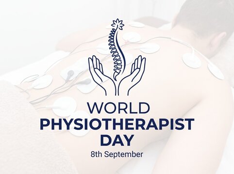 World physiotherapist day poster with spine and hands logo on patient background