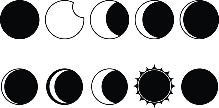 Solar eclipse and moon phases icon set featuring full moon crescent sun transition cycle sequence vector