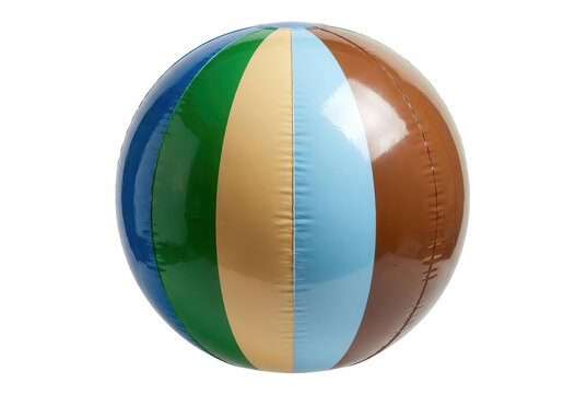 Un ballon de plage gonflable classique avec des panneaux verticaux multicolores, incluant du bleu, du vert, du beige et du marron, isol&eacute; sur un fond blanc pur pour une utilisation publicitaire.