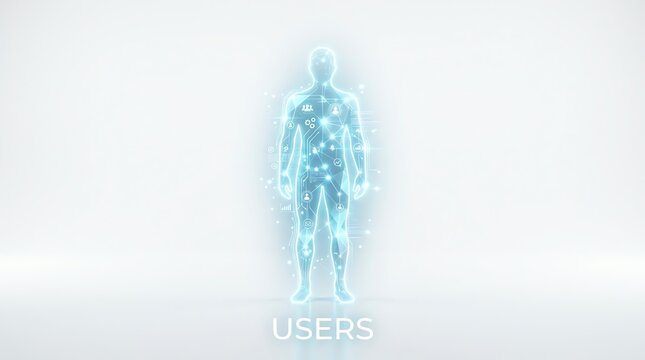 Conceptual glowing silhouette of a human figure infused with a complex digital network, representing user identity, data flow, and advanced technological interfaces