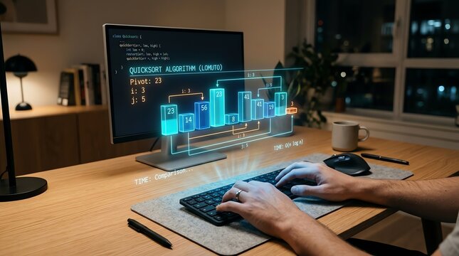 Programmer working on computer with futuristic holographic interface displaying code and data visualization